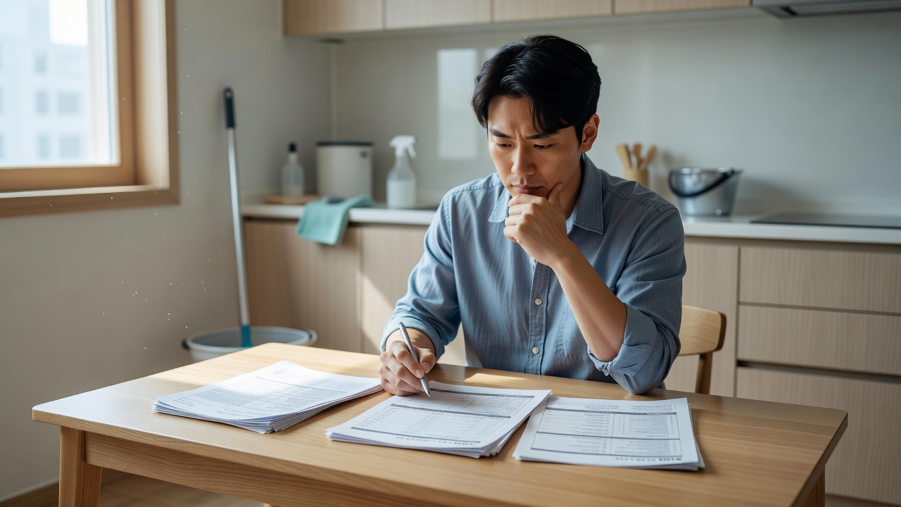 입주청소 재청소 조건 비교를 위한 계약서 검토 장면
